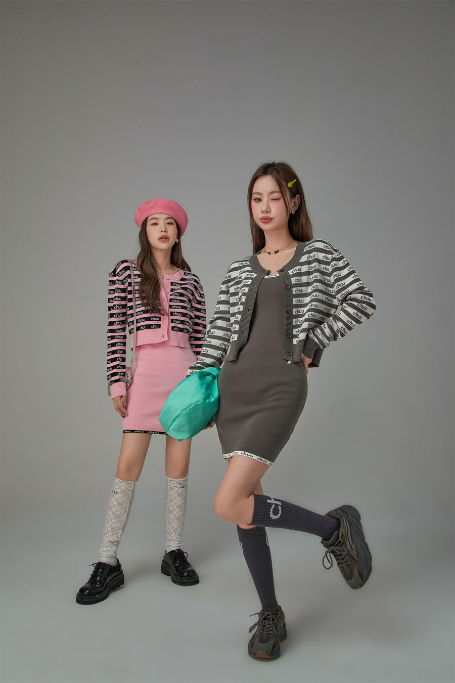 CHUU Stripes Chuu Logo Knit Cardigan