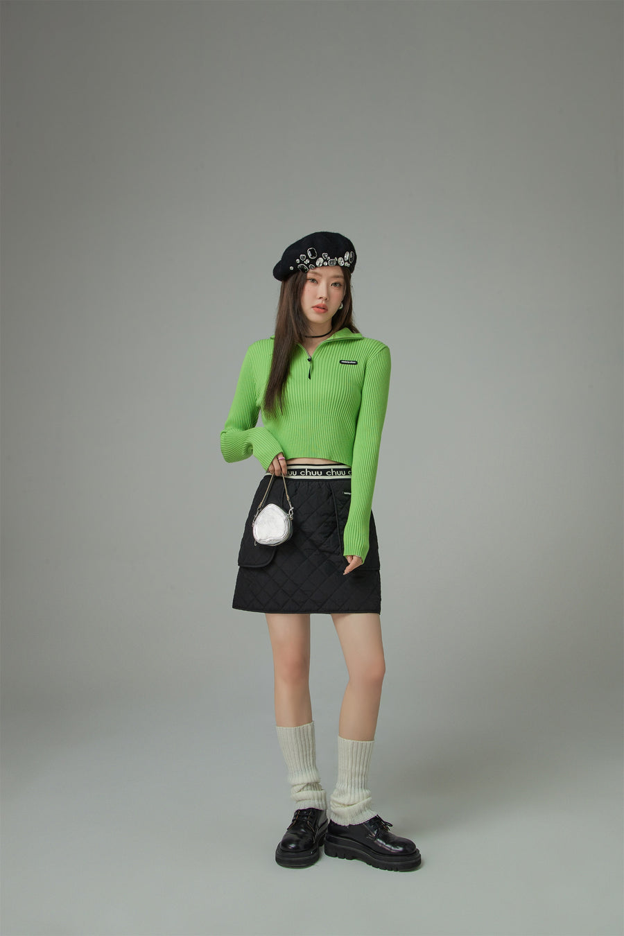 CHUU Memories Slit Half Zip-Up Cropped Knit Top