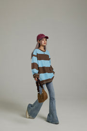 Round Neck Large Stripes Long-Sleeves Top