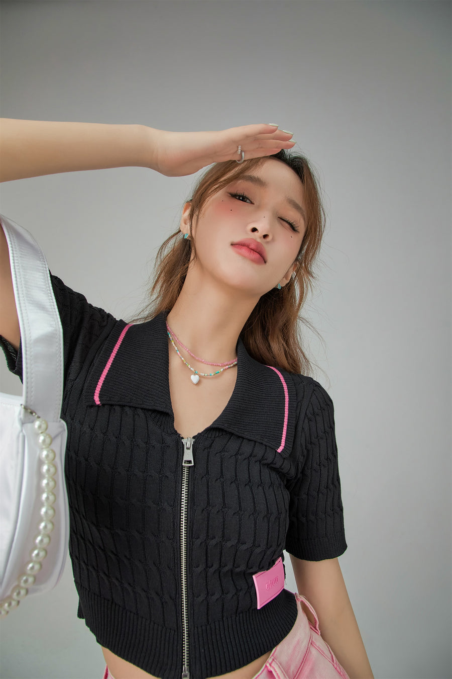 CHUU Zip-Up Cable Knit Crop Cardigan