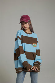 Round Neck Large Stripes Long-Sleeves Top