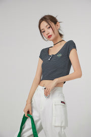 Stripe Front Button Crop Top