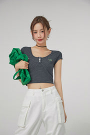 Stripe Front Button Crop Top