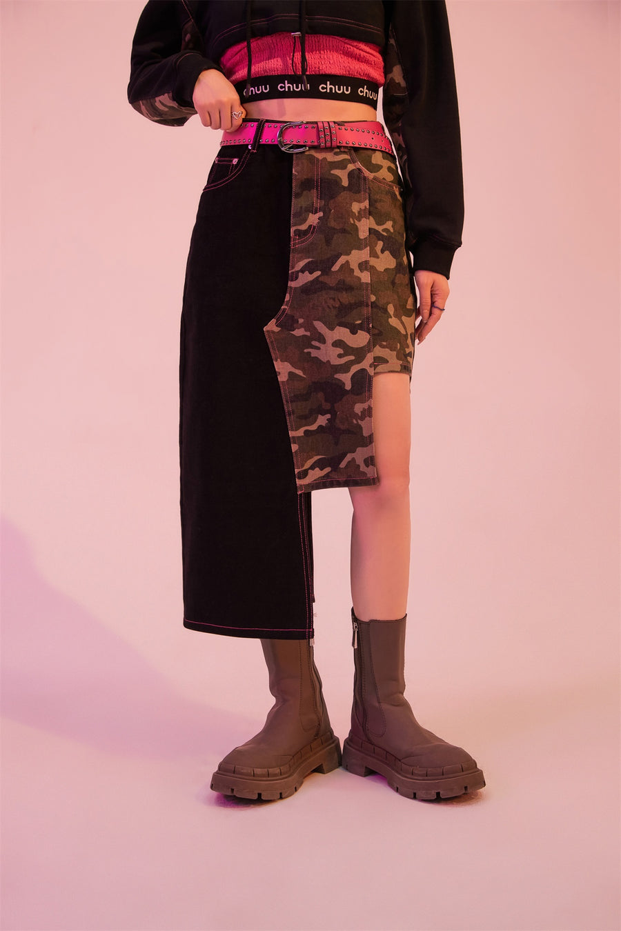 CHUU Camo Girl Asymmetrical A-Line Skirt