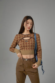 2-Layers Chest Cutout Check Knit Sweater