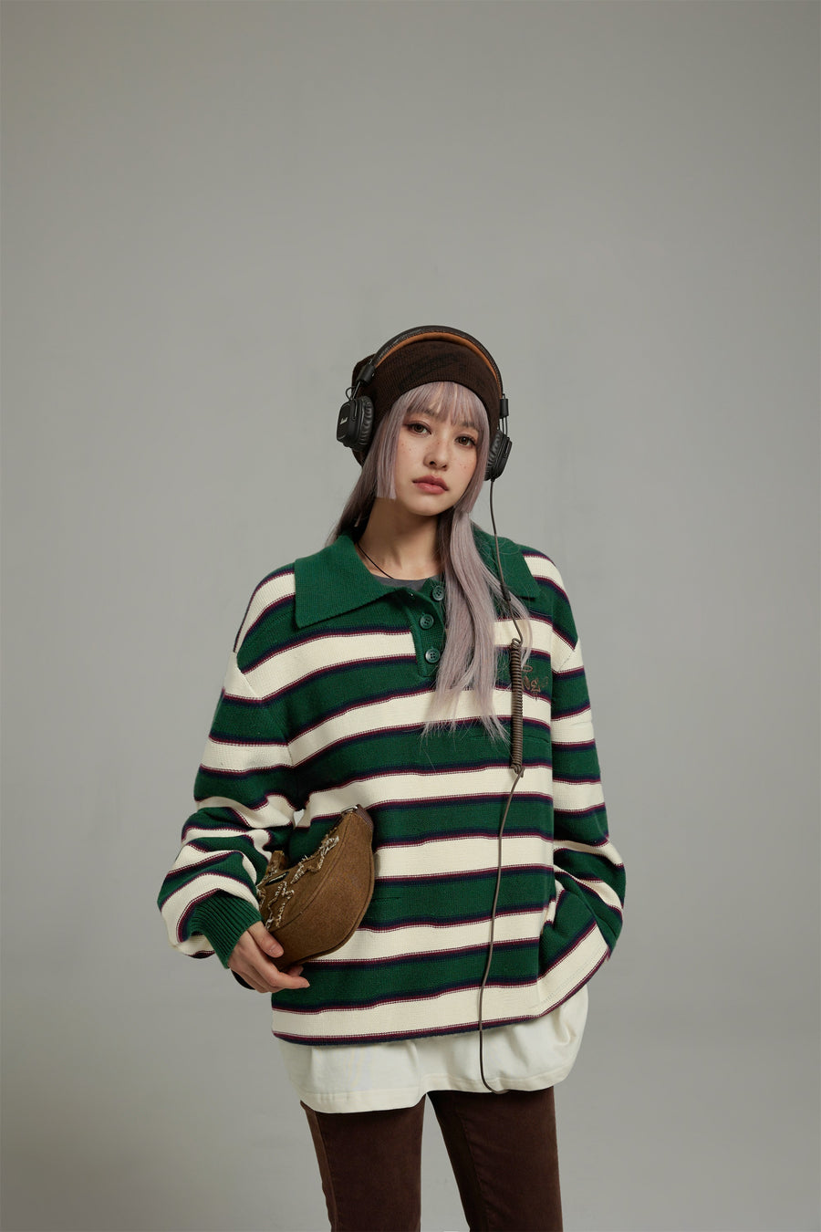 CHUU Polo Neck Stripe Knit Top