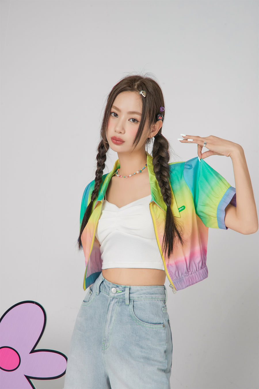 CHUU Rainbow Cropped Zip-Up Jacket