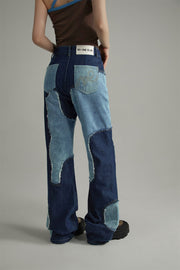 Cow Partchwork Wide Straight Jeans