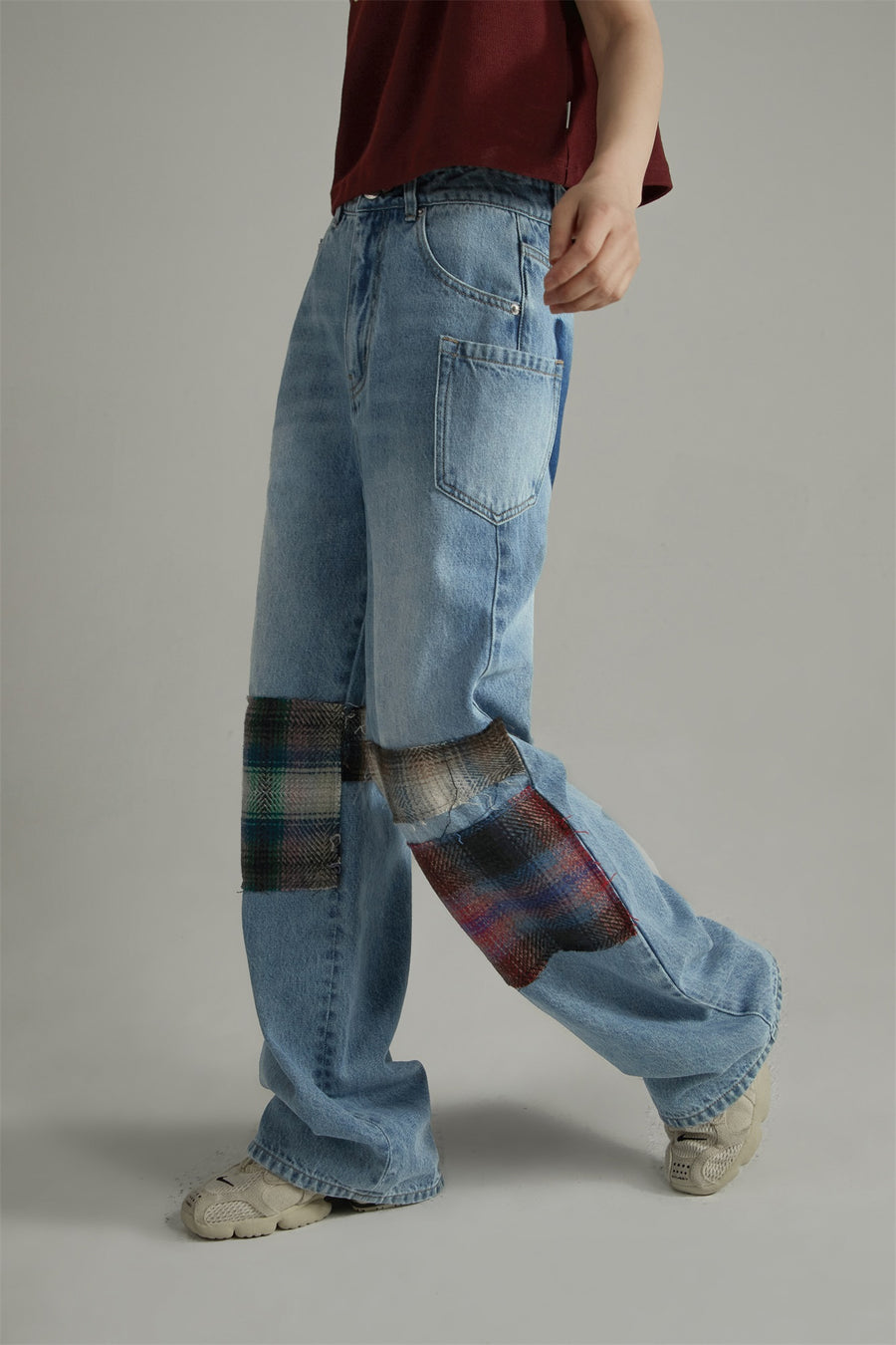 CHUU Tartan Patchwork Wide Straight Jeans