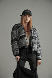 Newspaper Collage Padded Crop Jacket