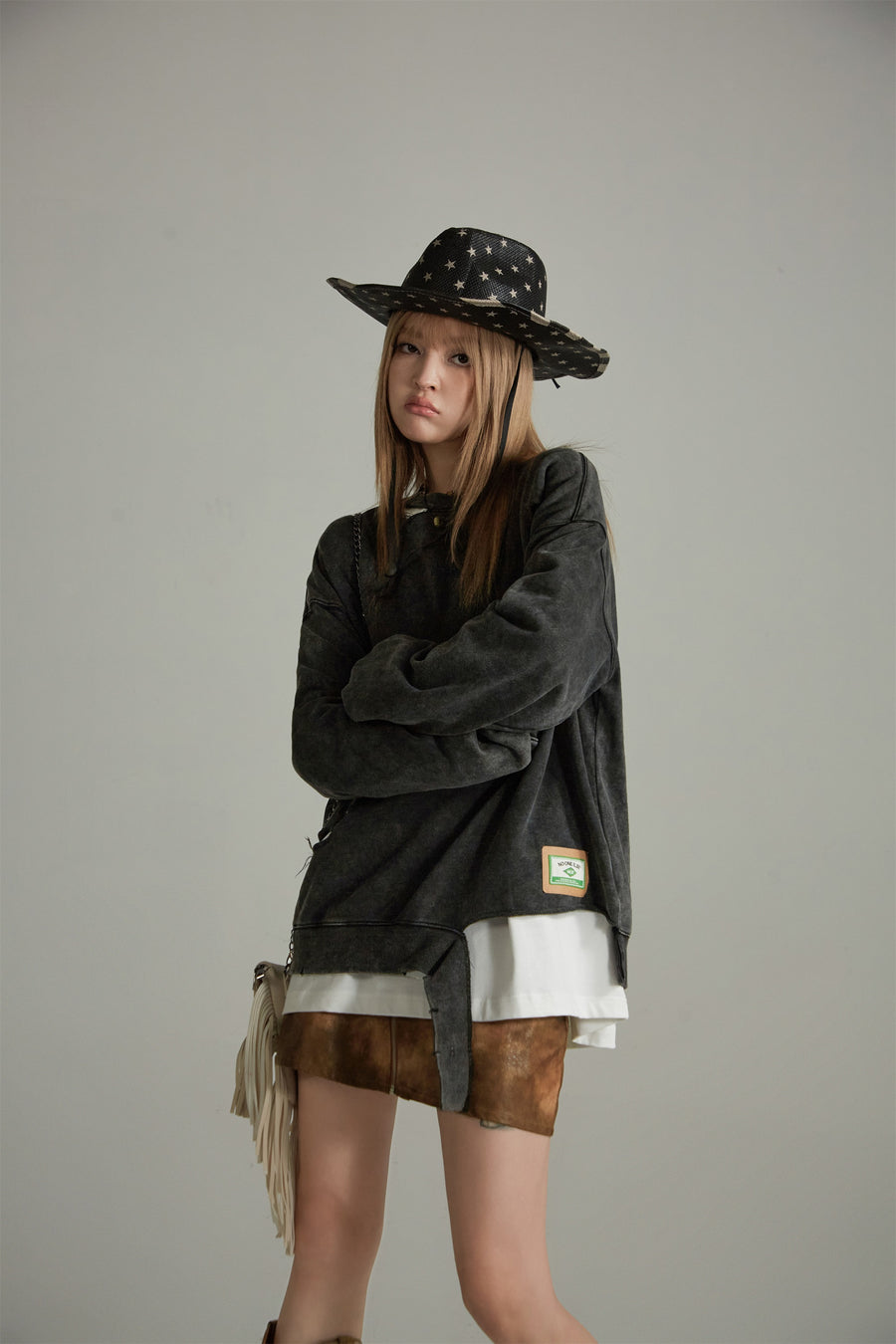 CHUU Unbalanced Distressed Long Sleeve Sweater