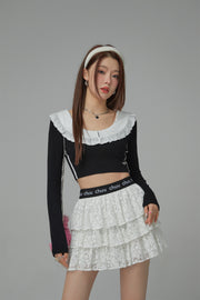 Eyelet Lace Collar Long-Sleeved Crop Top