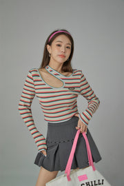 Colorful Stripes Chest Cutout Long-Sleeves Top