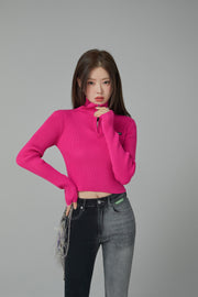 Memories Slit Half Zip-Up Cropped Knit Top