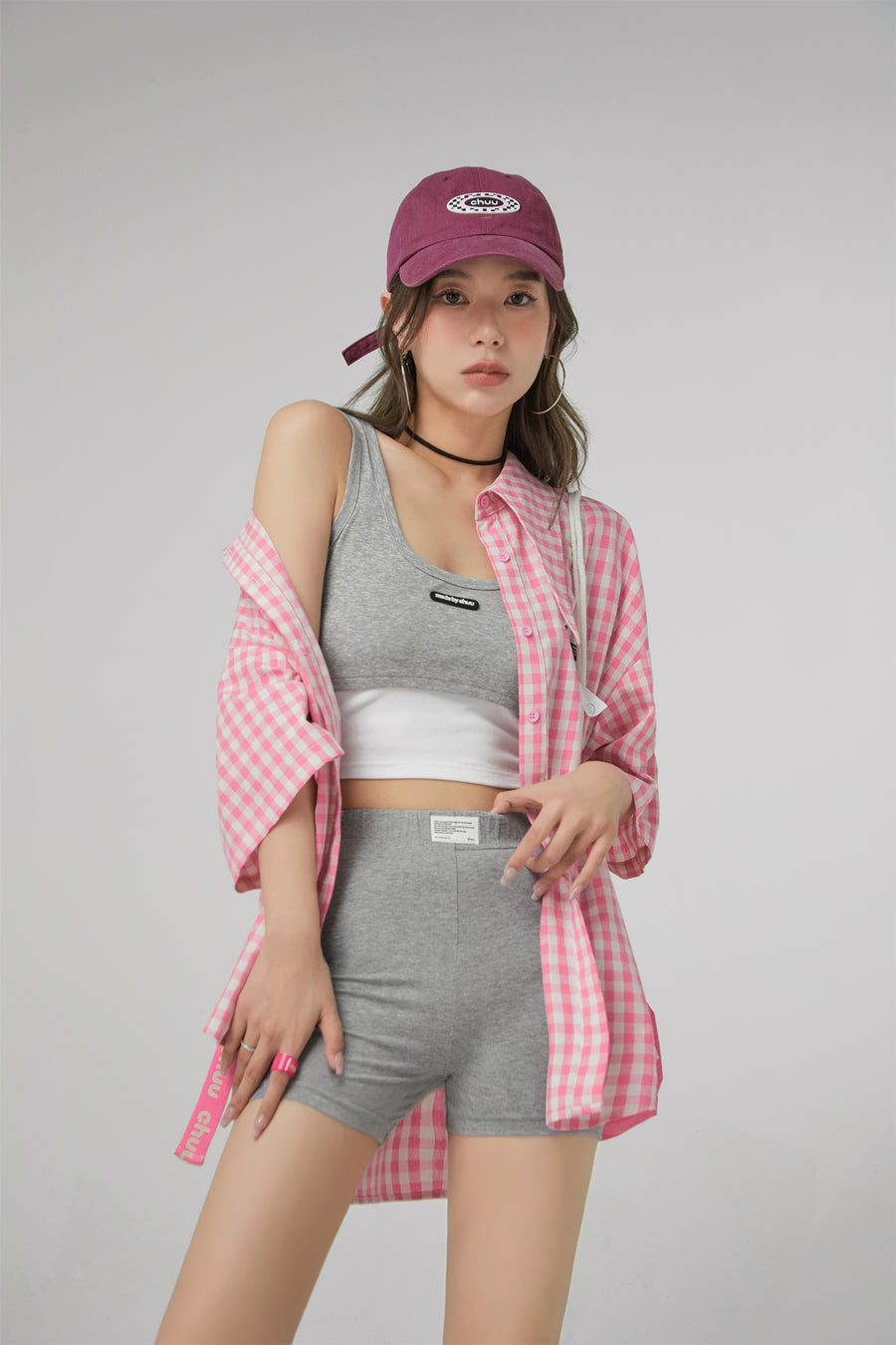 CHUU Gingham Check Maxi Collar Shirt