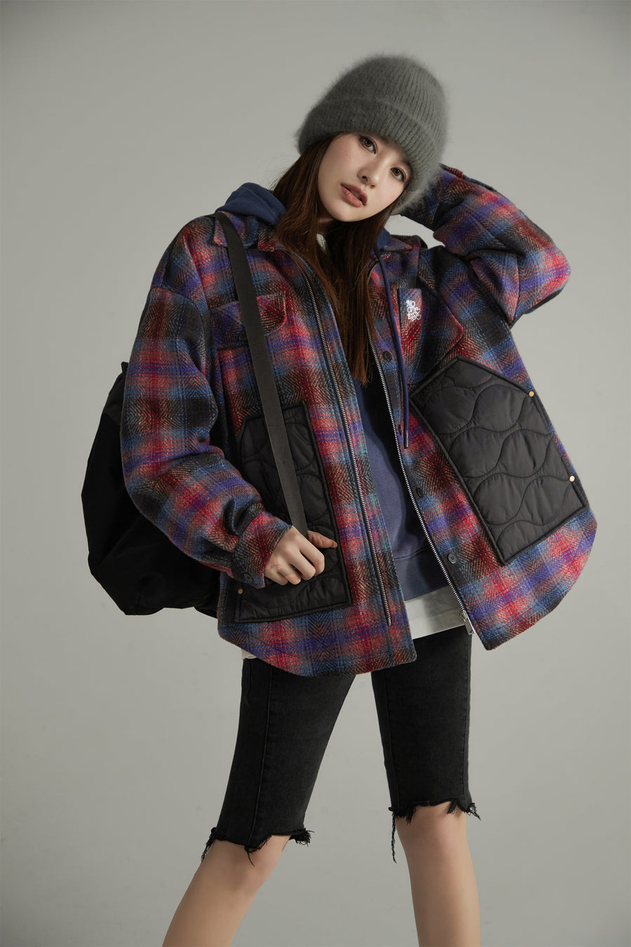 CHUU Color Block Check Loose Fit Coat