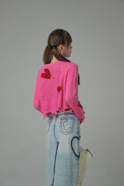 Distressed Heart Cropped Knit Sweater