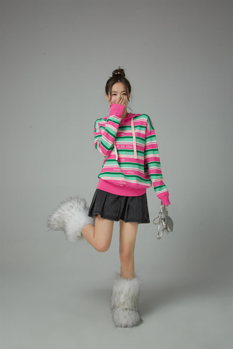 CHUU A Quick Run Rainbow Stripe Hooded Knit Hoodie