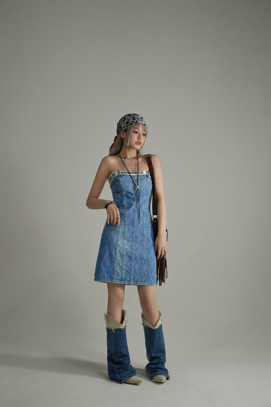 CHUU Argyle Denim Strapless Dress