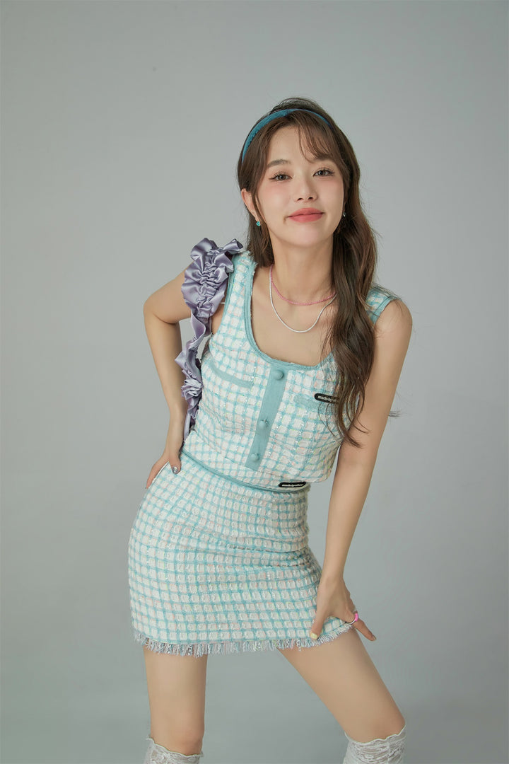 Tweed Check Buttons Sleeveless Top