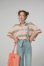 V-Neck Stripe Crop T-Shirt