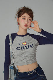 I Love Chuu Raglan Cropped Shirring T-Shirt