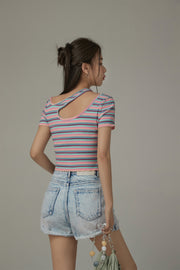 Color Stripe Cut Out T-Shirt