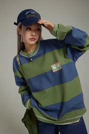 Round Neck Large Stripes Long-Sleeves Top