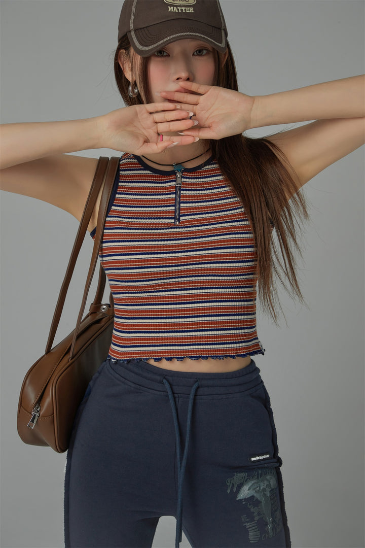 Half Zip-Up Striped Sleeveless Top