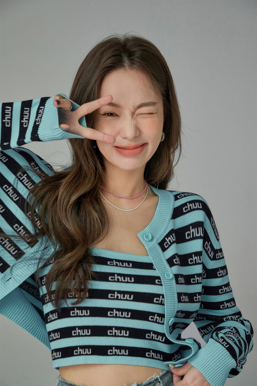 CHUU Stripes Chuu Logo Knit Cardigan