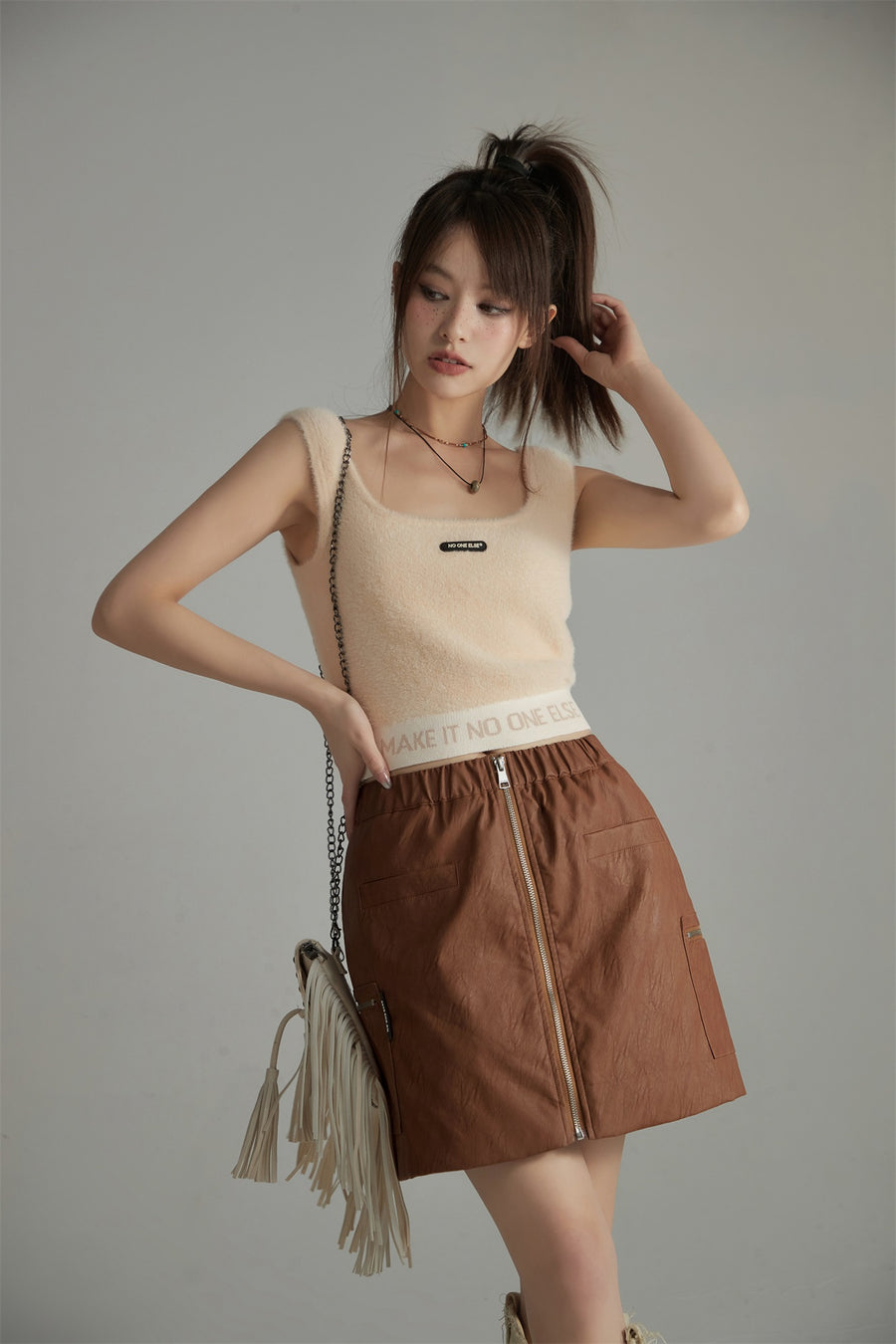 CHUU Zip-Up Leather A-Line Skirt