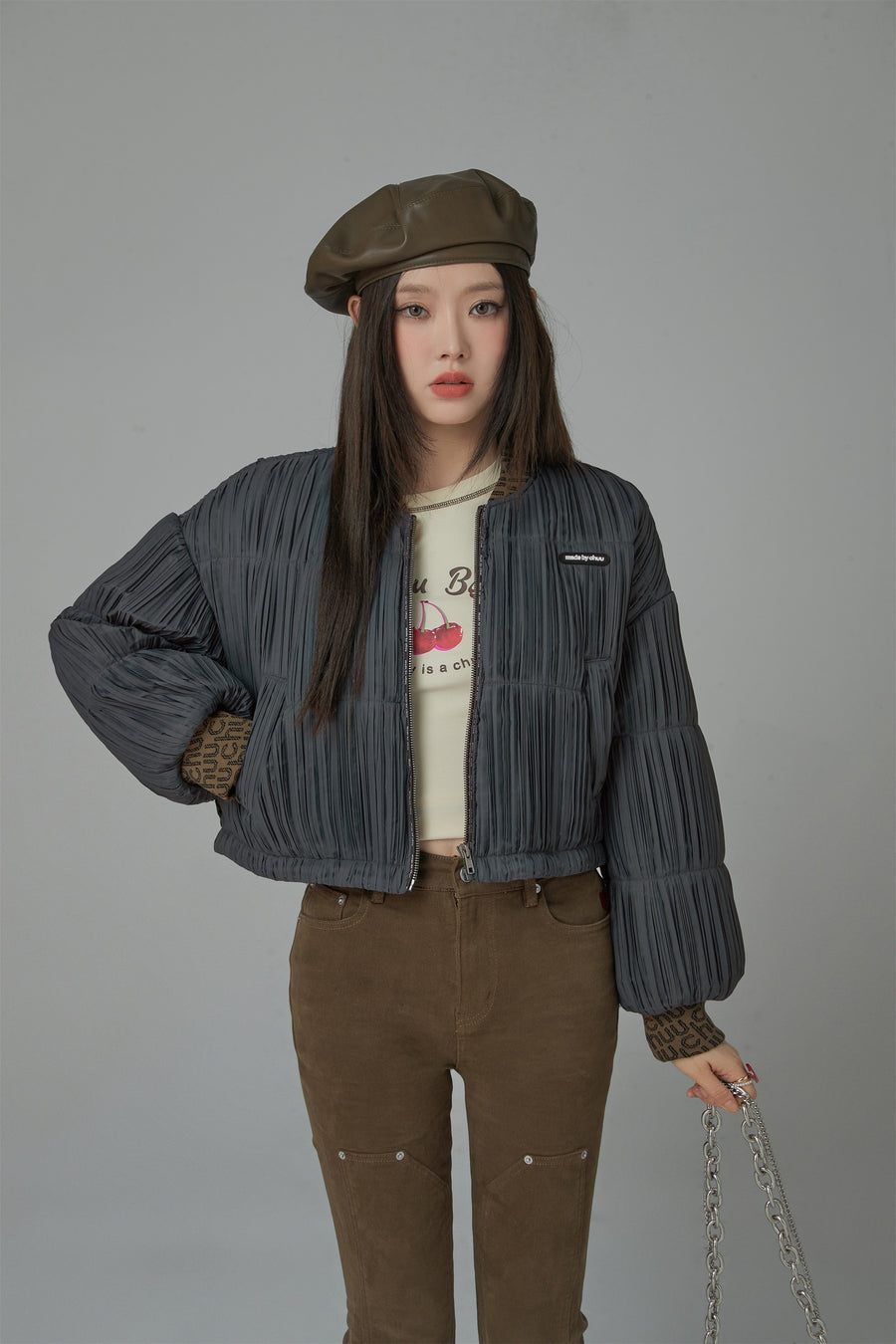 CHUU Soft Shirring Padded Zip-Up Jacket