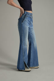 Double Belted Slit Bootcut Denim Jeans