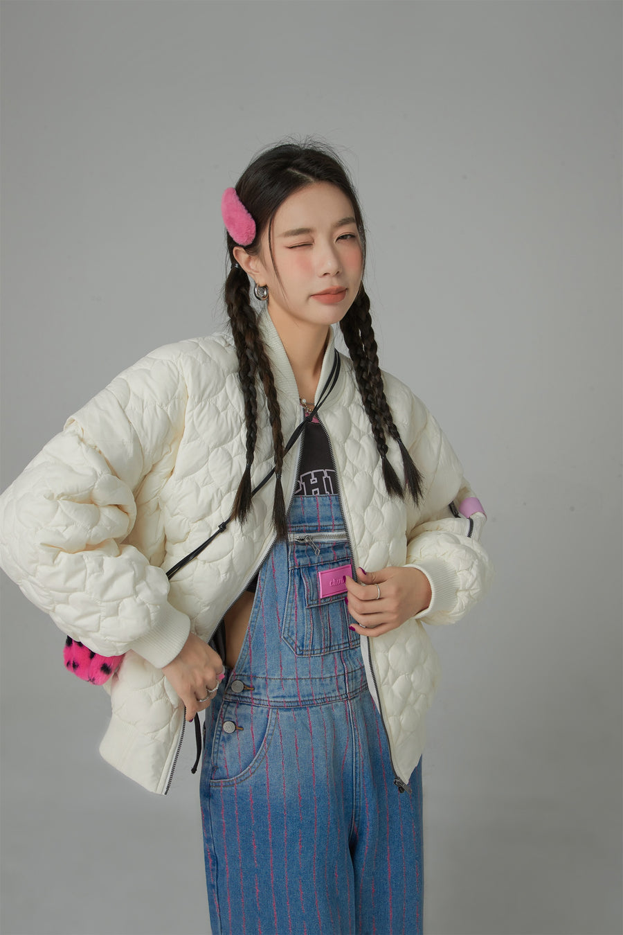 CHUU Cherry Heart Quilted Padded Jacket