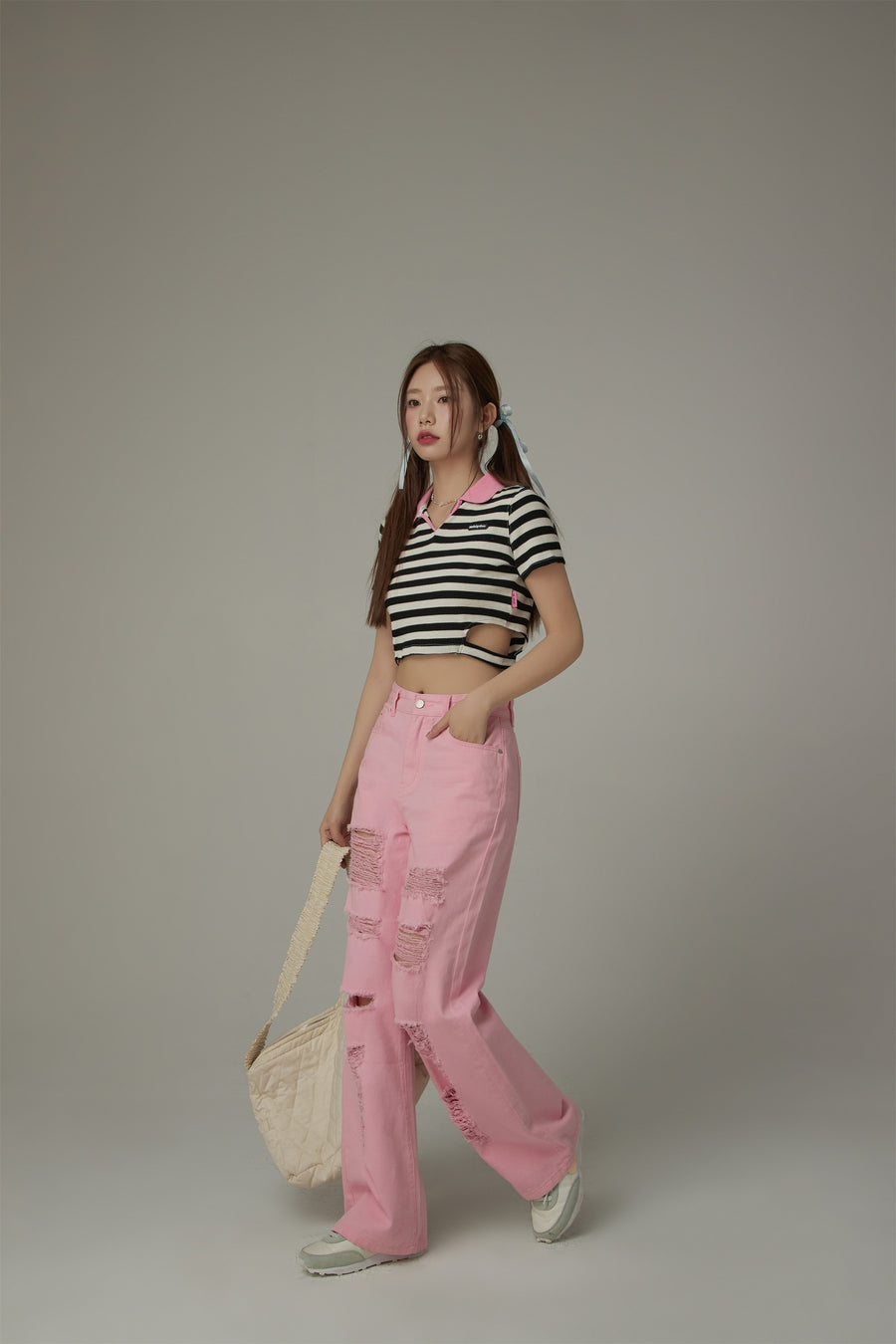 CHUU Striped Side Cut Out Cropped T-Shirt