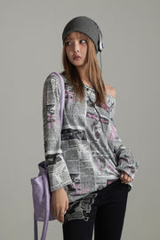 Printed Newspaper Off-The-Shoulder T-Shirt