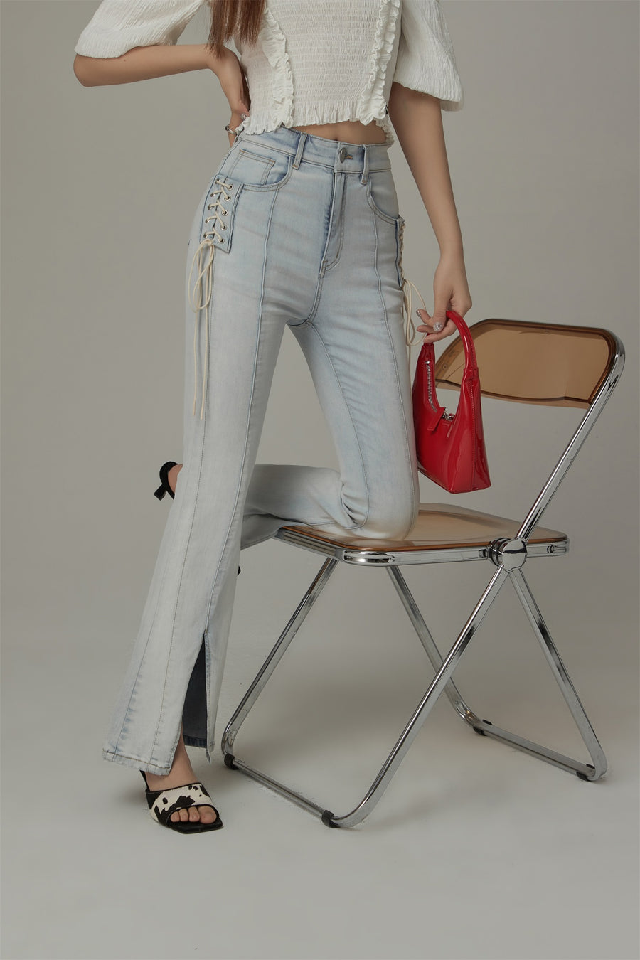 CHUU Lace Up Pocket Slit Bootcut Light Wash Denim Jeans