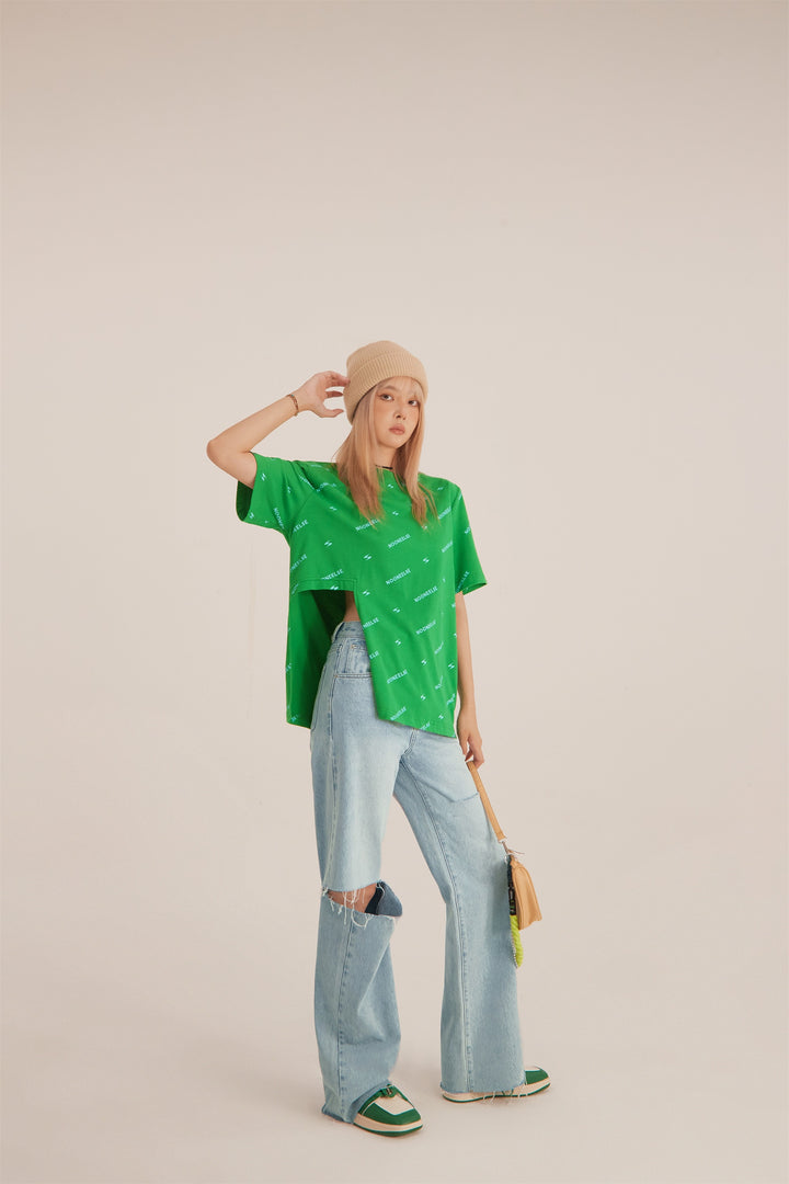 Wide Side Slit Green T-Shirt