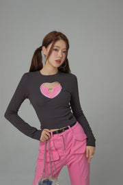 2-Layers Heart Cutout Long-Sleeved Top