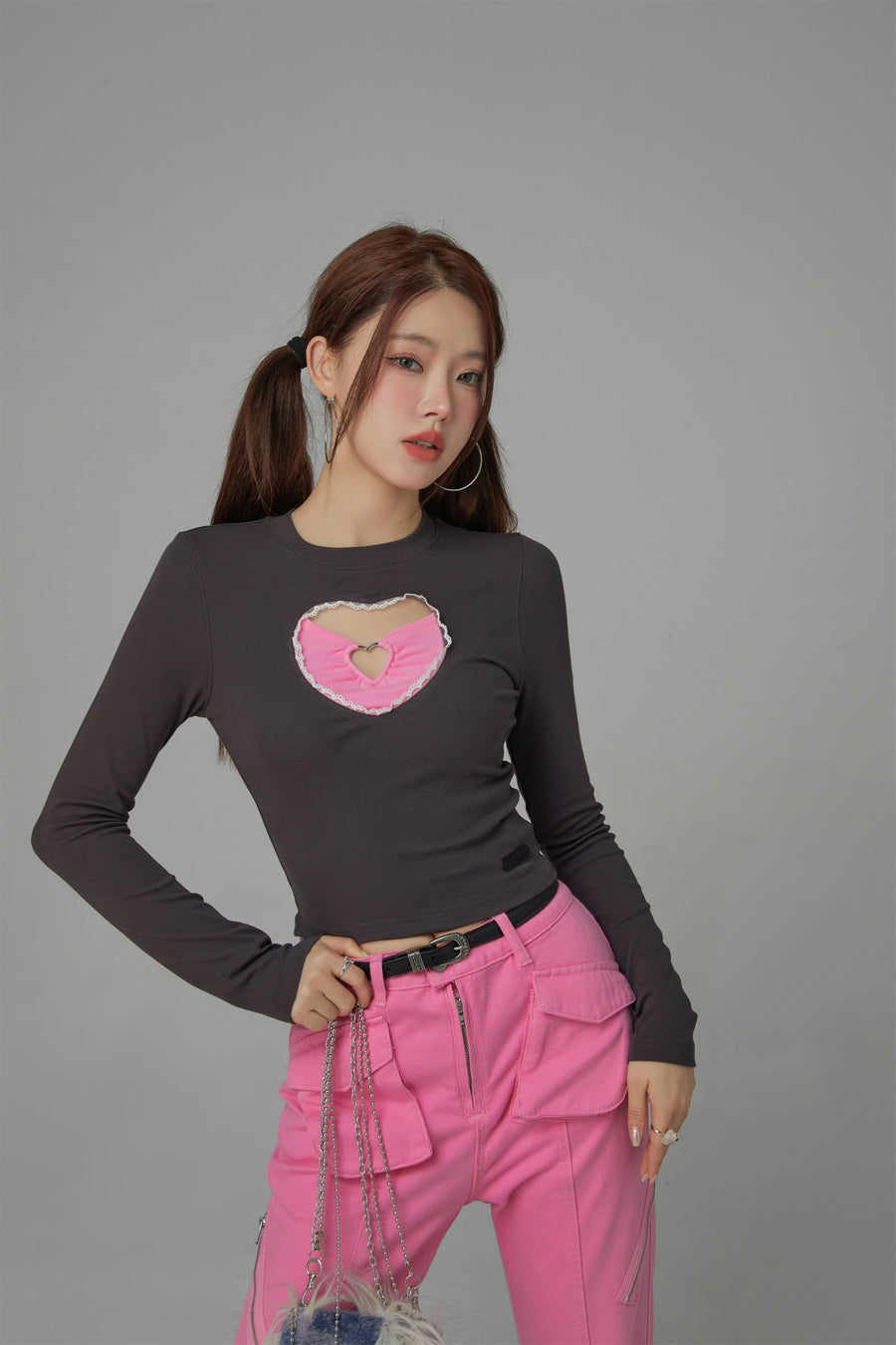 CHUU 2-Layers Heart Cutout Long-Sleeved Top