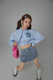 Heart Denim Pocket Stripe Crop Shirt