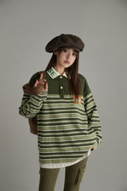 Polo Neck Loose Stripe T-Shirt