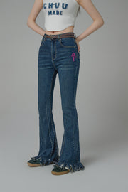 Embroidered Fringed Hem Denim Jeans