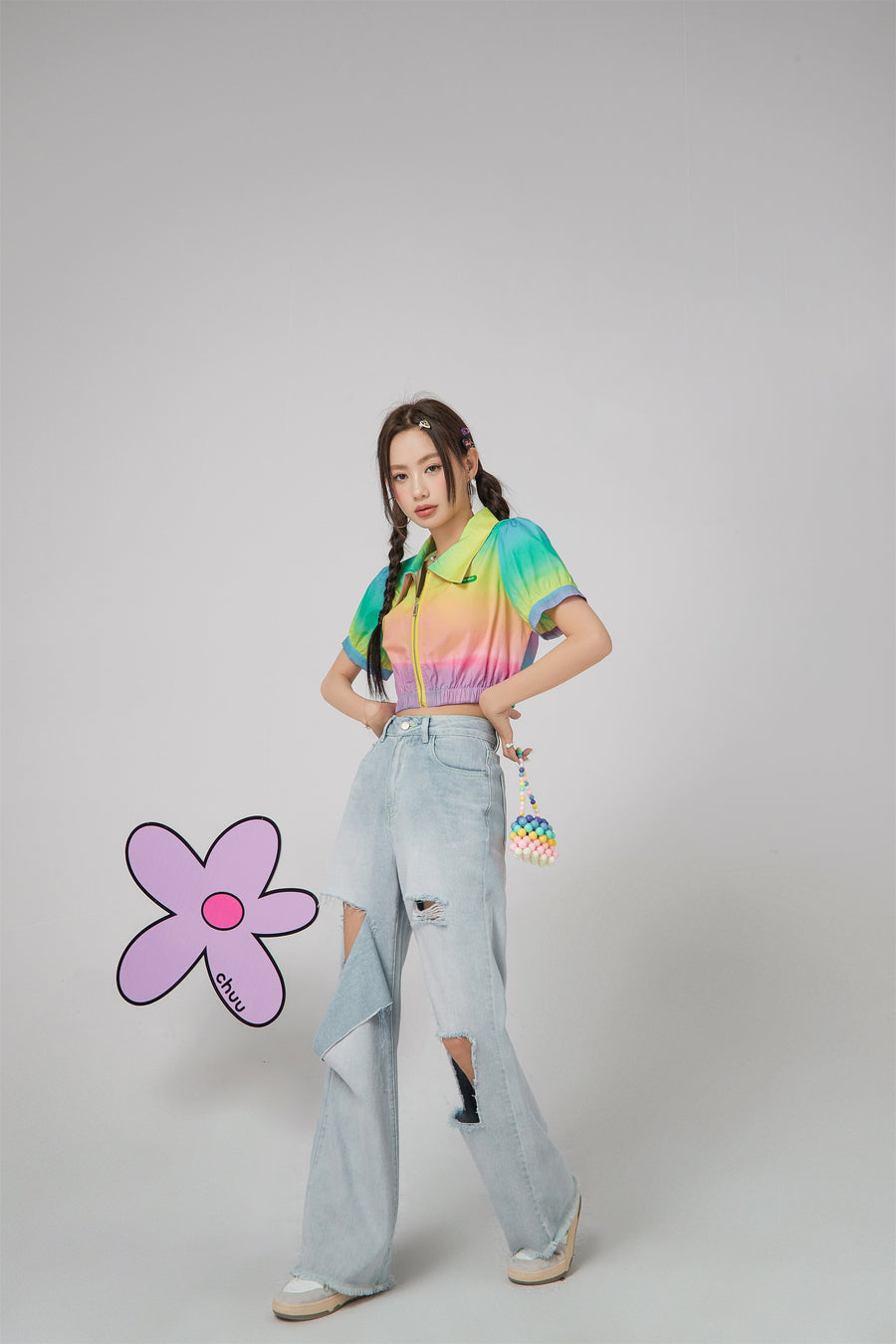 CHUU Rainbow Cropped Zip-Up Jacket