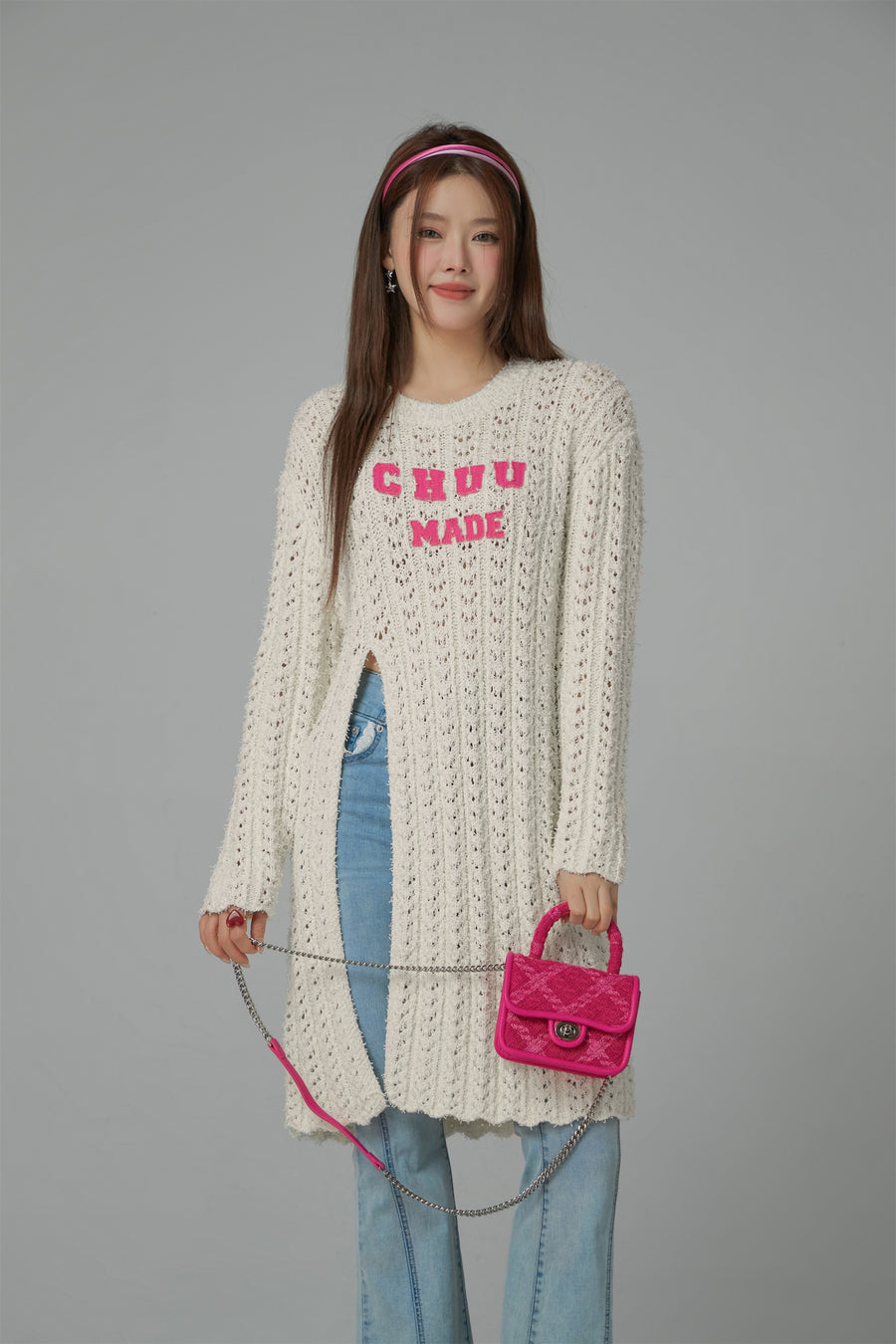 CHUU Crochet Side Slit Knit Long Sweater Dress