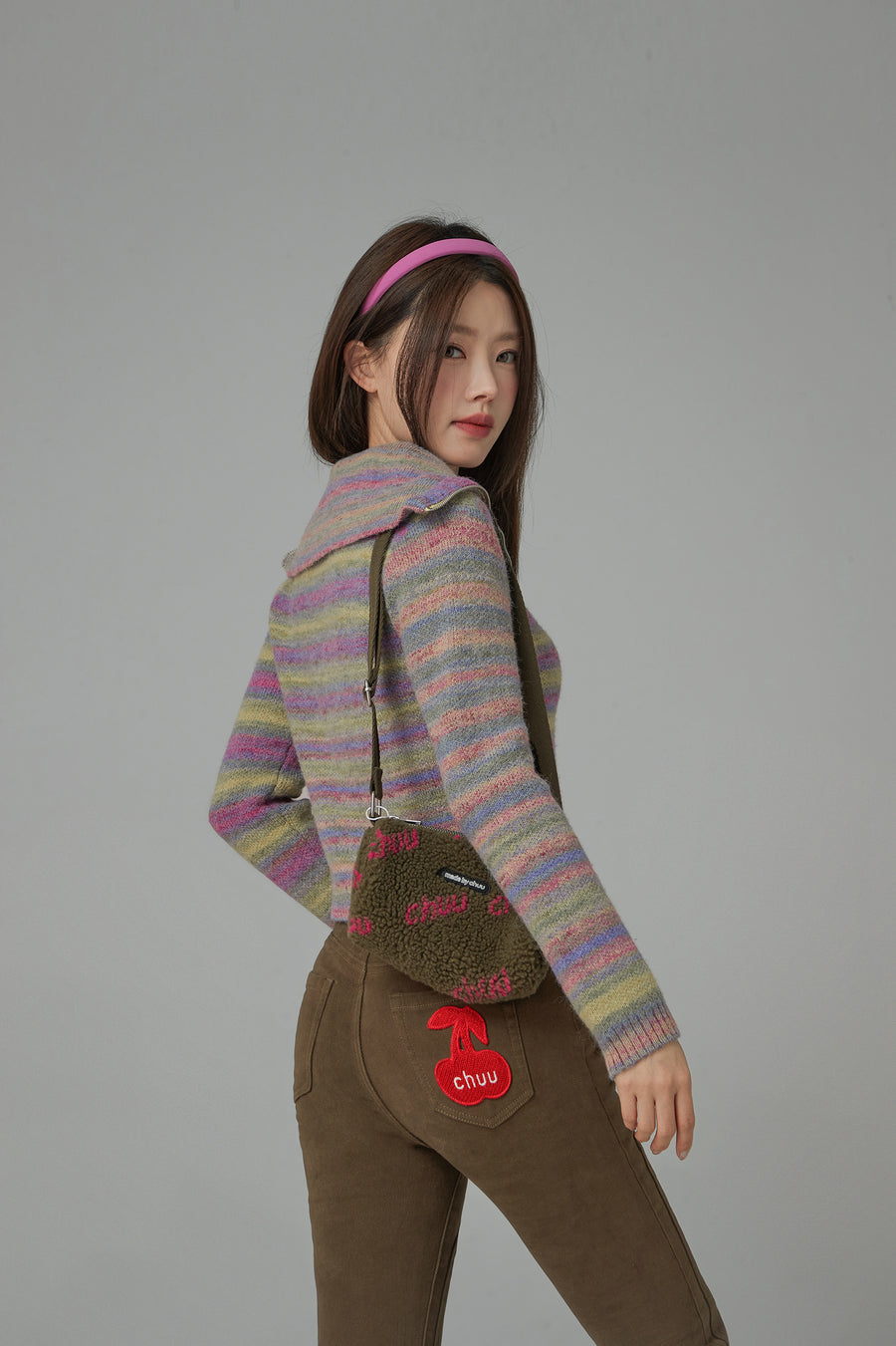 CHUU Rainbow Striped Zip-Up Knit Cardigan