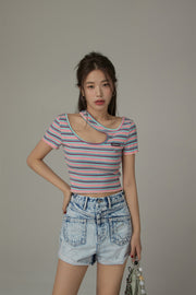 Color Stripe Cut Out T-Shirt