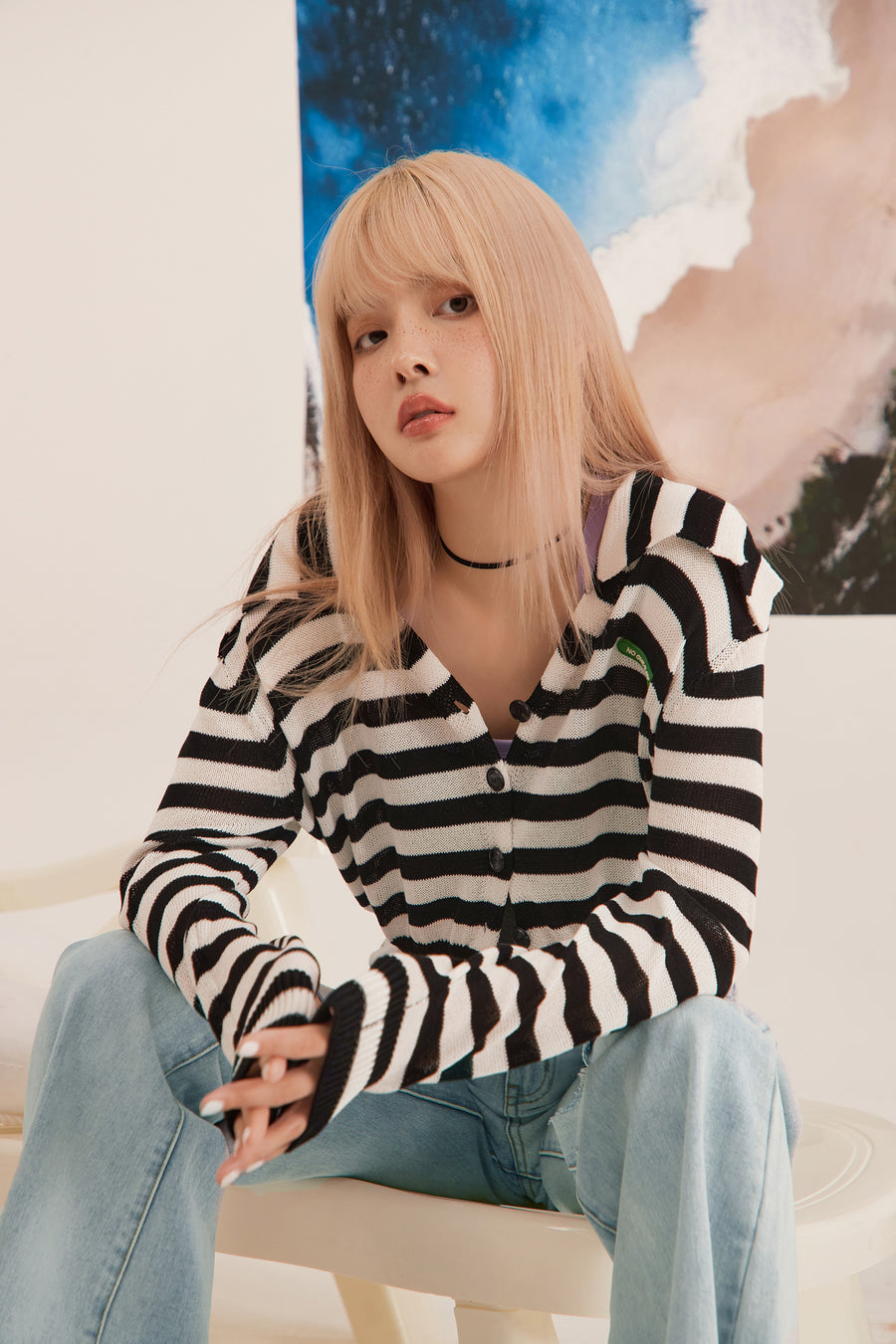 CHUU Striped Simple Knit Cardigan