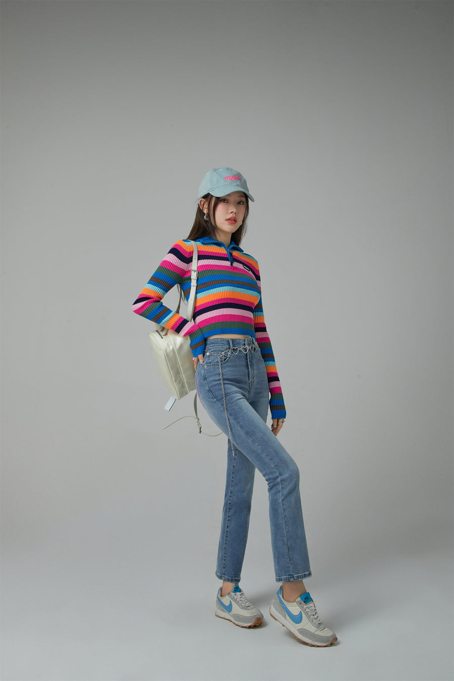 CHUU A Dose Of Happiness Rainbow Stripe Knit Top