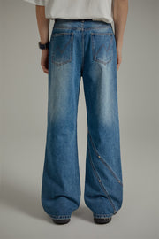 Knee Pocket Washed Wide Straight Jeans